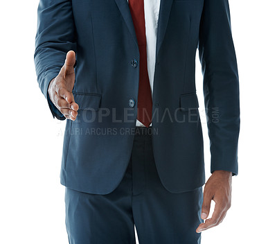 Buy stock photo Cropped view of a young african american businessman offering forward a handshake