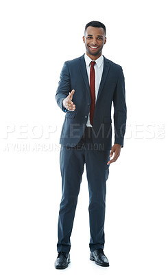 Buy stock photo A handsome young business reaching forward to shake your hand while isolated on white