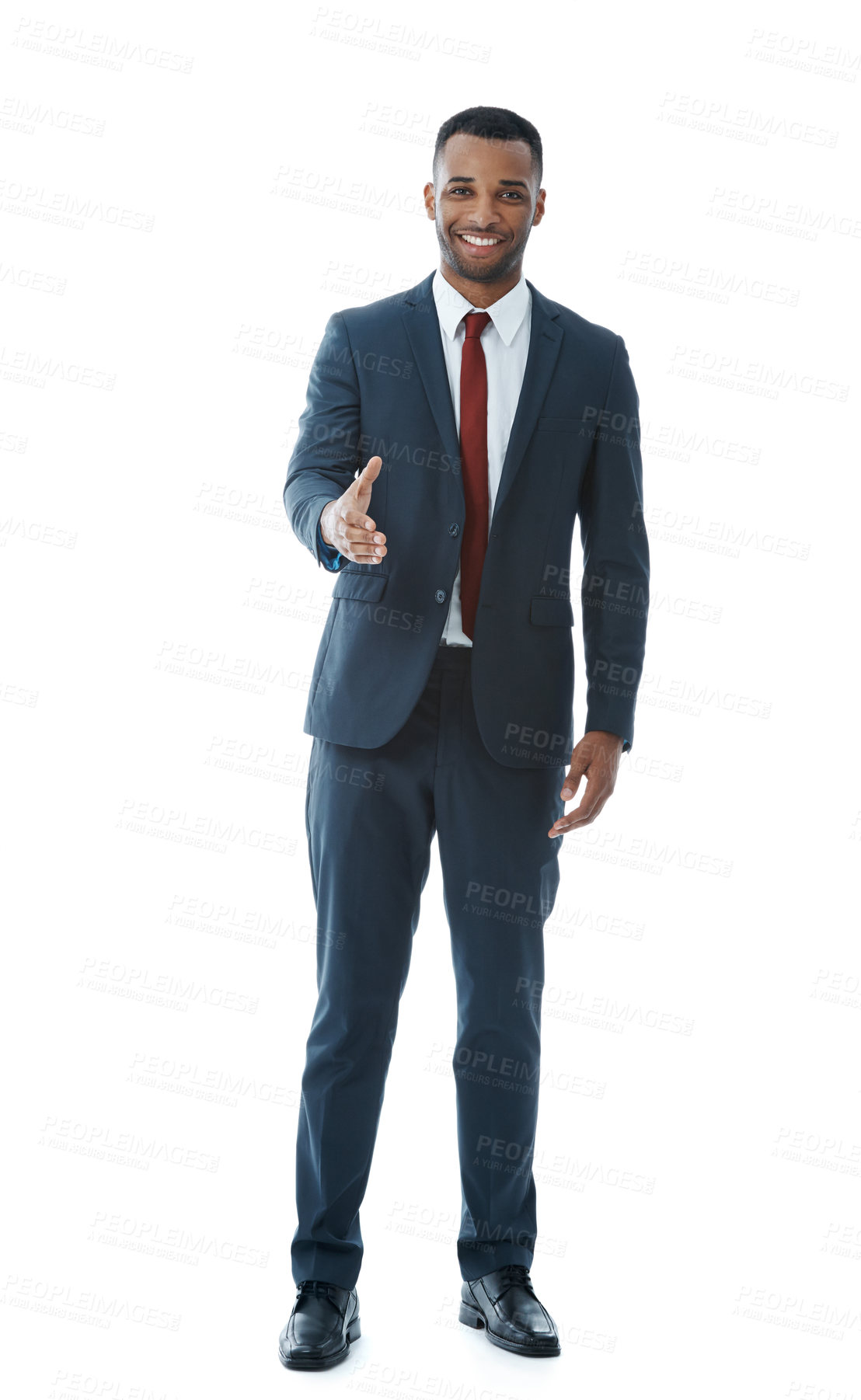 Buy stock photo Business man, handshake portrait and agreement with recruitment, b2b partnership and interview in studio. Hr worker, welcome and thank you for opportunity, onboarding and greeting by white background