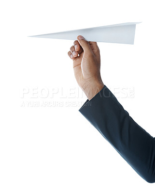 Buy stock photo Hand, business and person with paper plane, employee and model isolated on white studio background. Closeup, corporate professional or risk analyst with origami, stock market and inflation prediction