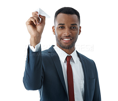 Buy stock photo Portrait, paper plane and black man with business, employee and model isolated on white studio background. Face, African person or economy analyst with origami, playful or stocks increase with growth