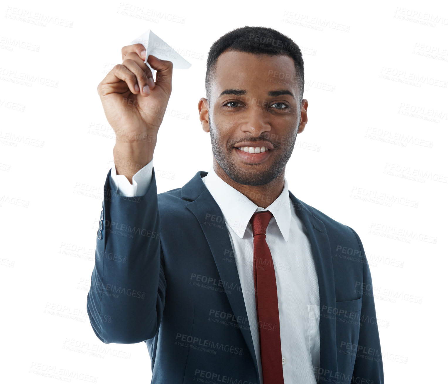 Buy stock photo Portrait, paper plane and black man with business, employee and model isolated on white studio background. Face, African person or economy analyst with origami, playful or stocks increase with growth