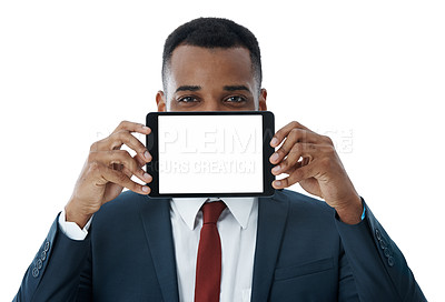 Buy stock photo Businessman, portrait and tablet with screen for advertising, marketing or app on a white studio background. Young man or employee with technology display for showcase, UI or UX on mockup space