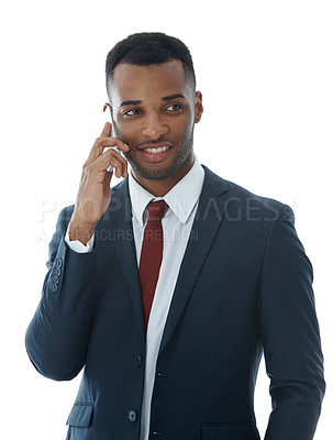 Buy stock photo Attorney, man and phone call in studio with smile, listen and deal with contact by white background. African person, lawyer and smartphone for conversation, networking and happy with legal advice