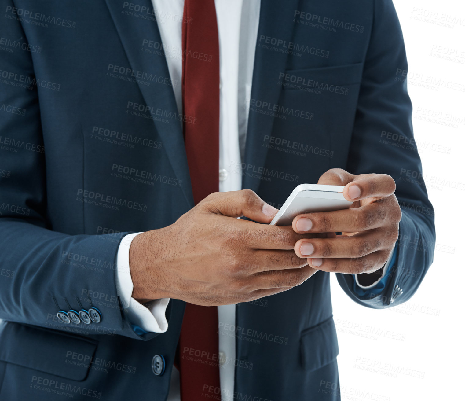 Buy stock photo Businessman, hands and typing with phone for social media, communication or reading news on a white studio background. Closeup of man or employee scrolling on mobile smartphone for online browsing