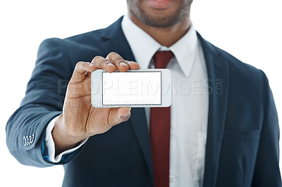 Buy stock photo Businessman, hands and advertising with phone screen for marketing or app on a white studio background. Closeup, man or employee with mobile smartphone display for showcase, UI or UX on mockup space