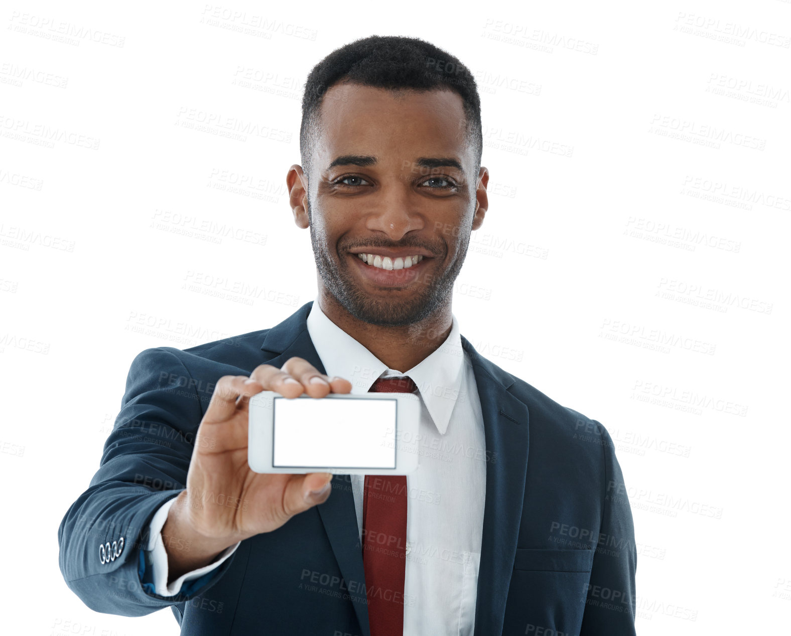 Buy stock photo Happy businessman, portrait and advertising with phone screen for marketing or app on a white studio background. Man or employee with mobile smartphone display for showcase, UI or UX on mockup space