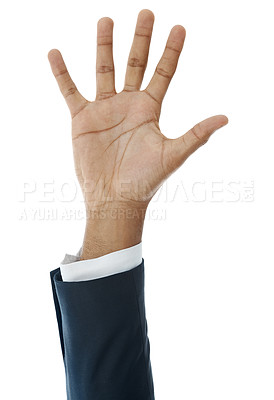 Buy stock photo Business, hand and man with open palm, employee and model isolated on white studio background. Person, agent or financial consultant with gesture, question and volunteer for project and opportunity