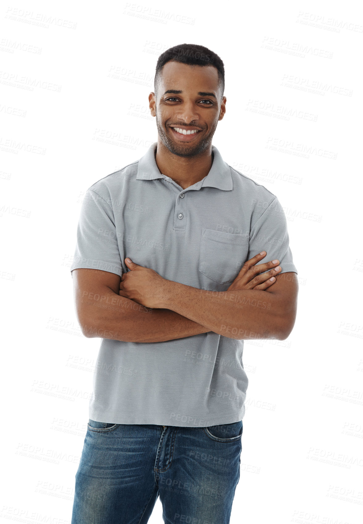 Buy stock photo Portrait of a cool African man smiling with his arms folded, isolated on studio background. Stylish and trendy young male standing in modern or casual clothes and jeans while looking confident