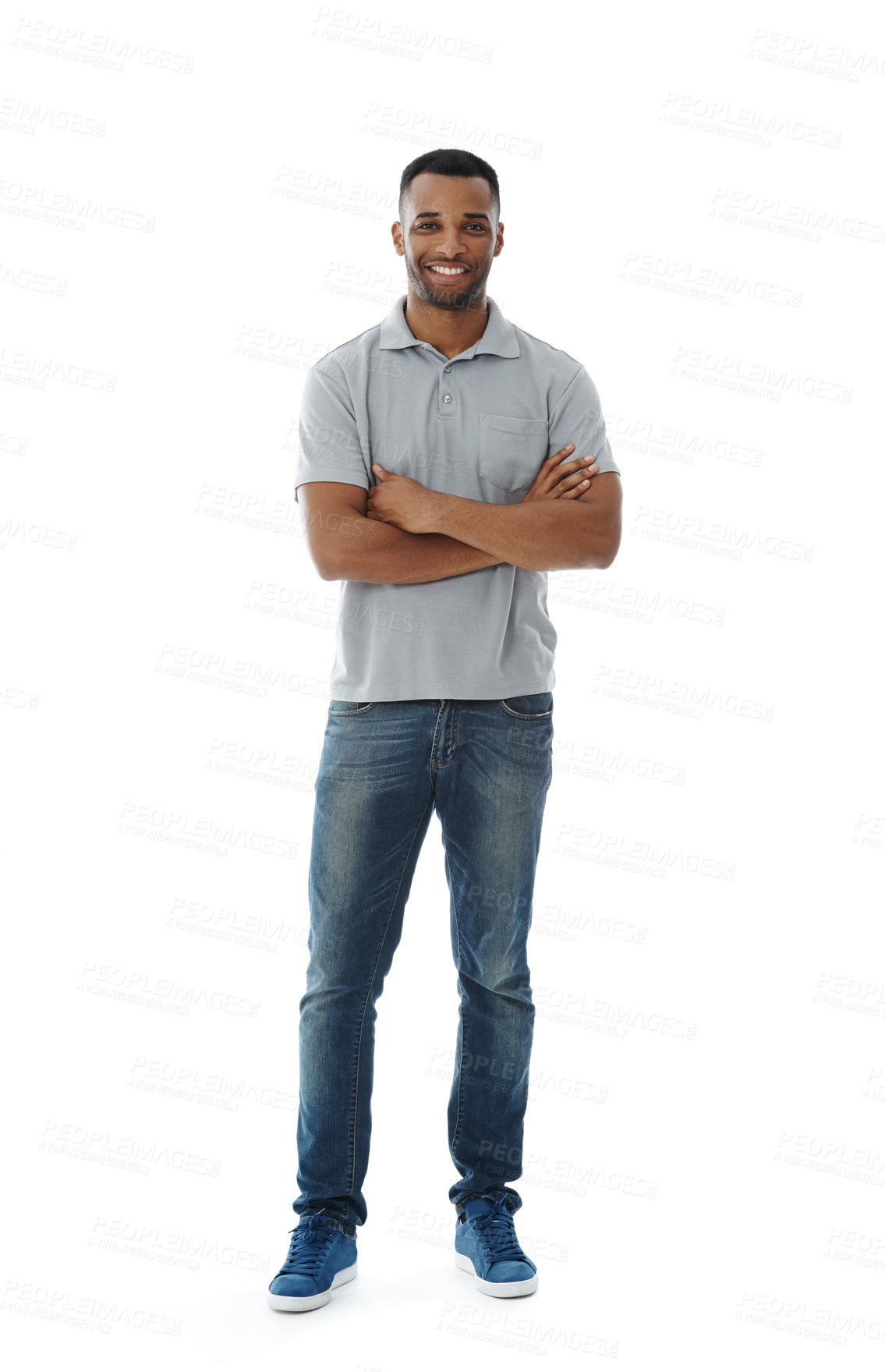 Buy stock photo Portrait, creative and happy black man with arms crossed isolated on white studio background. Casual, clothes and confident worker with pride for career, business or job of fashion designer in Kenya