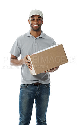 Buy stock photo A smiling deliveryman holding a box while isolated on white