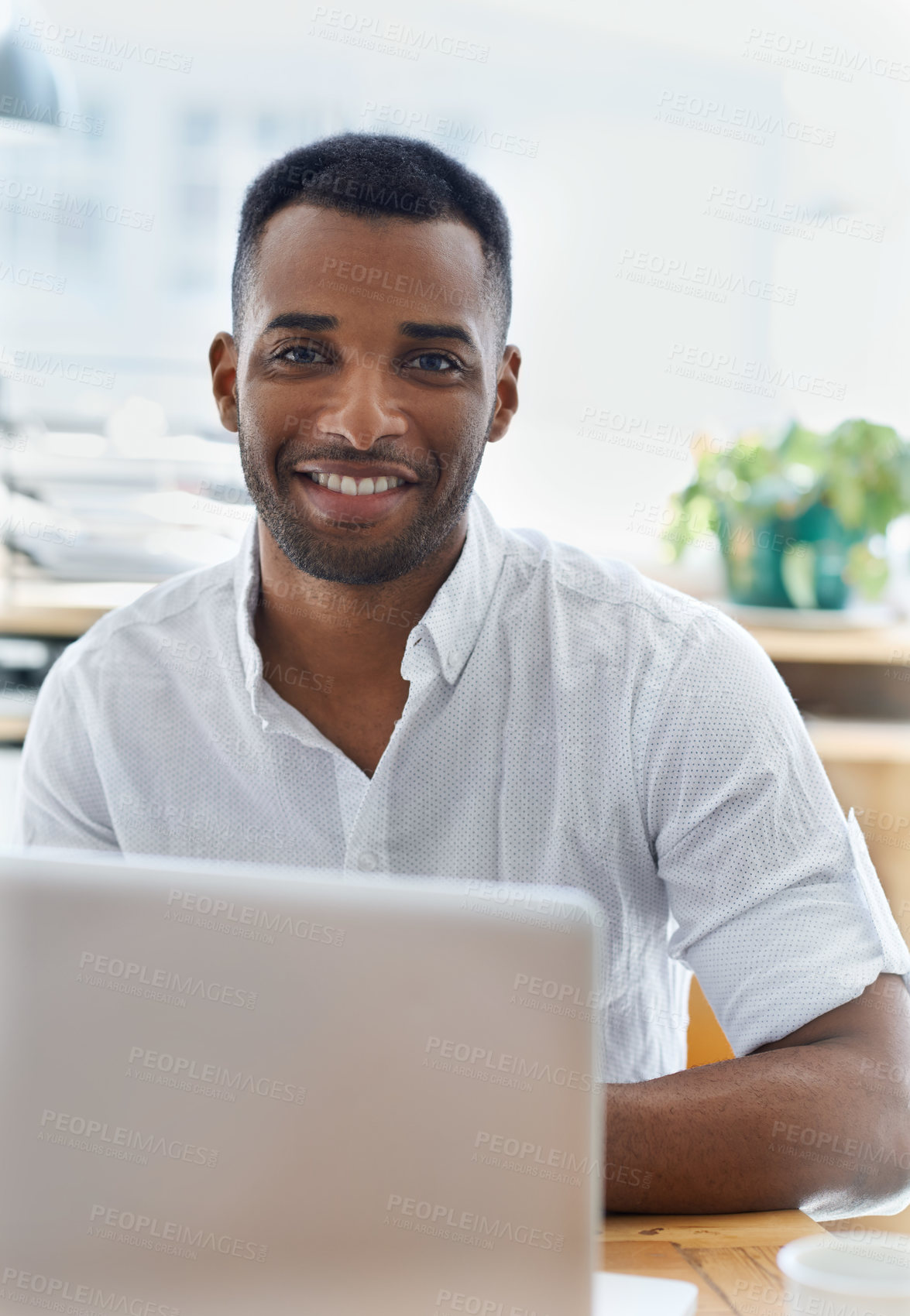 Buy stock photo Portrait, business and black man with laptop, smile and confidence with research, web design and internet. African person, face and employee with computer, technician and career ambition with network