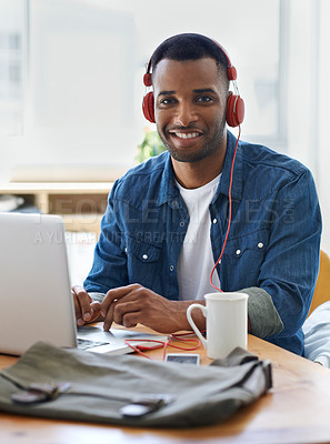 Buy stock photo Portrait, business and black man with laptop, headphones and smile with confidence, music producer and artist. Face, African person and creative with startup, headset and computer with live streaming