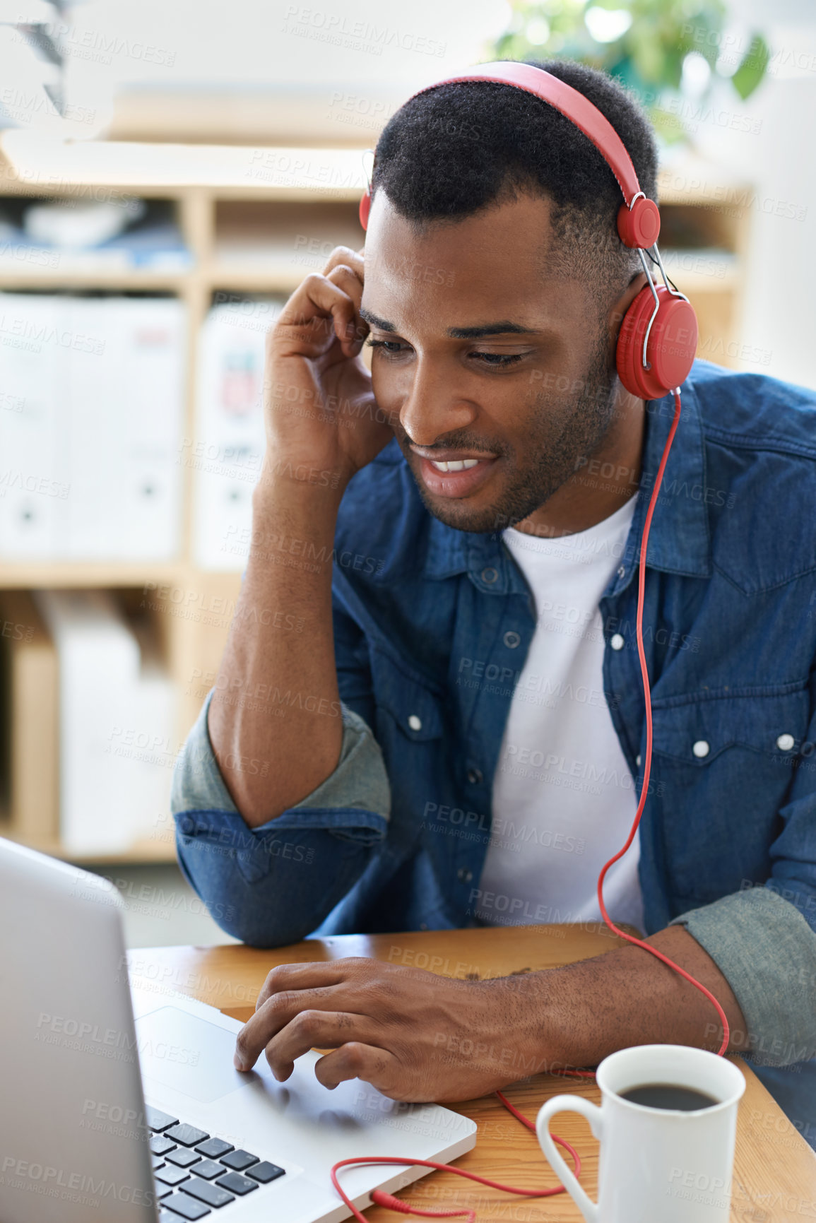 Buy stock photo Headphones, university and happy black man on laptop for online project, research and website. Student, college and person listen to music or podcast on computer for education, learning or studying