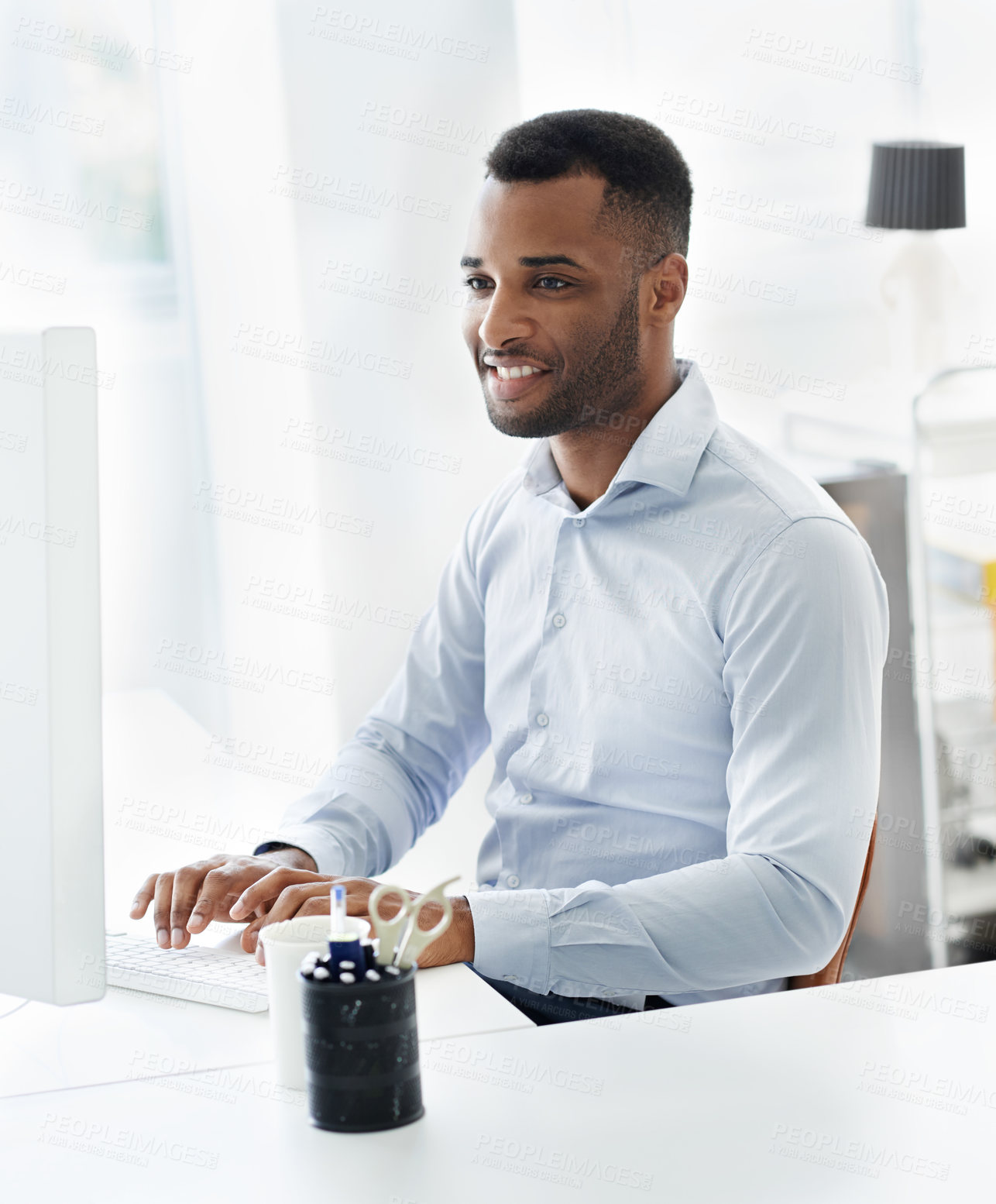 Buy stock photo Black man, computer and programming software at desk, online and design website on office internet. Male person, cloud computing and feedback for html code, writing and algorithm for cybersecurity