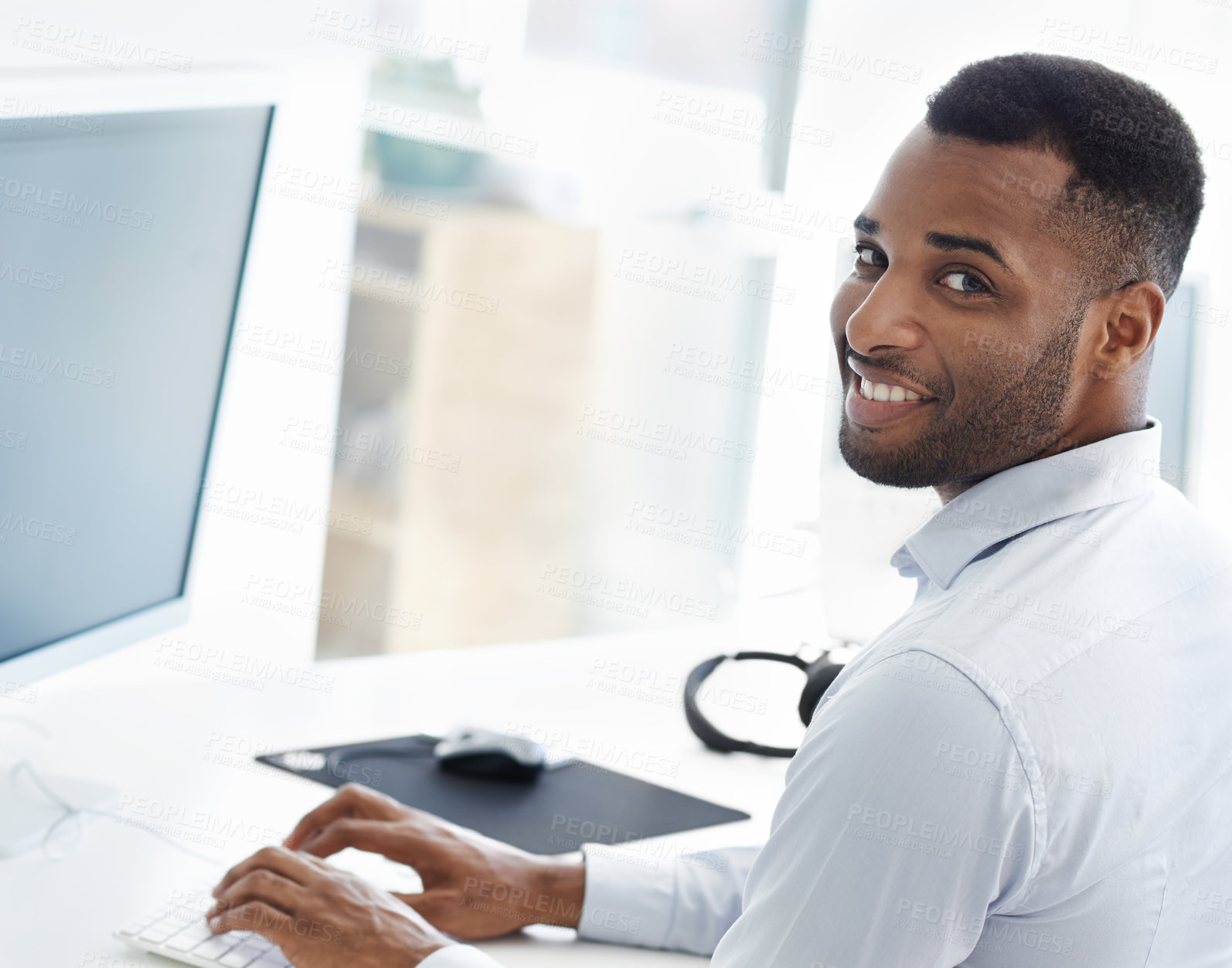 Buy stock photo Black man, computer and software developer portrait at desk, online and design website in office. Male person, cloud computing and feedback for html code, programming and algorithm for cybersecurity