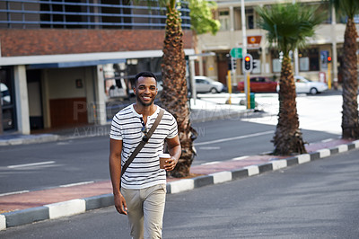 Buy stock photo Portrait, walking and black man in city with smile, trendy outfit and coffee for web designer startup. Businessman, takeaway and African guy with creative fashion, morning routine or New York commute