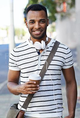 Buy stock photo Black man, portrait and student for road commute, walking and coffee cup for city adventure. Happy male person, espresso and mug for hot beverage on journey to college, travel and tea in urban town