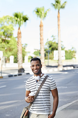 Buy stock photo City, street and black man in portrait with coffee, hot beverage and confidence with smile in morning. Urban, male employee and espresso for caffeine to boost energy, productivity and happy to travel