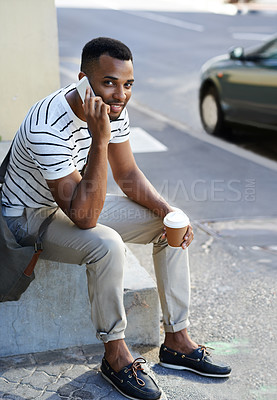 Buy stock photo Man, phonecall and portrait for communication in city, talking and mobile app with connection. Happy, listen and conversation with virtual contact, smile and creative business person for negotiation