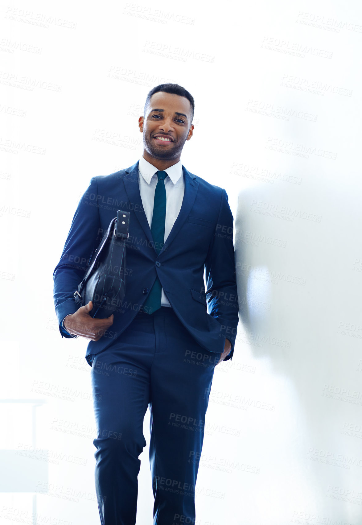 Buy stock photo Walking, black man and bag for work, portrait and smile of appointment in law firm, morning and travel of employee. Professional, attorney and happy for trip to office, low angle and person in USA