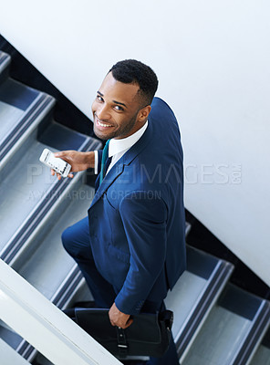 Buy stock photo Steps, black man and bag for work, portrait and smile for appointment in law firm, happy and employee. Professional, attorney and cellphone for communication in office, schedule and top of person