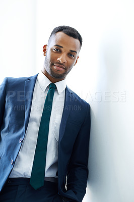 Buy stock photo Finance, portrait or black businessman in office with suit, skills and investment banking in career. Face, broker and African banker in commercial or corporate with professional style or pride