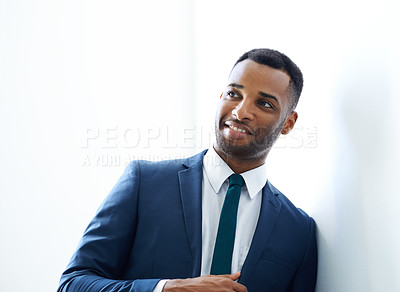 Buy stock photo Black businessman, wall or thinking in office with smile, option and investment banking career choice. Ideas, proud broker and African banker in corporate institution with style, plan and decision