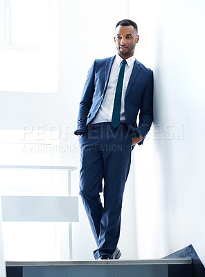 Buy stock photo Thinking, black man and confident in morning, professional and ready for appointment in law firm and lawyer. Formal, attorney and employee with idea for office, ambition for person and proud in suit