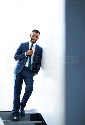 Buy stock photo Portrait, black man and smile for work, steps and walking for appointment in law firm, morning and travel of employee. Professional, attorney and happy for trip to office, schedule and person in USA