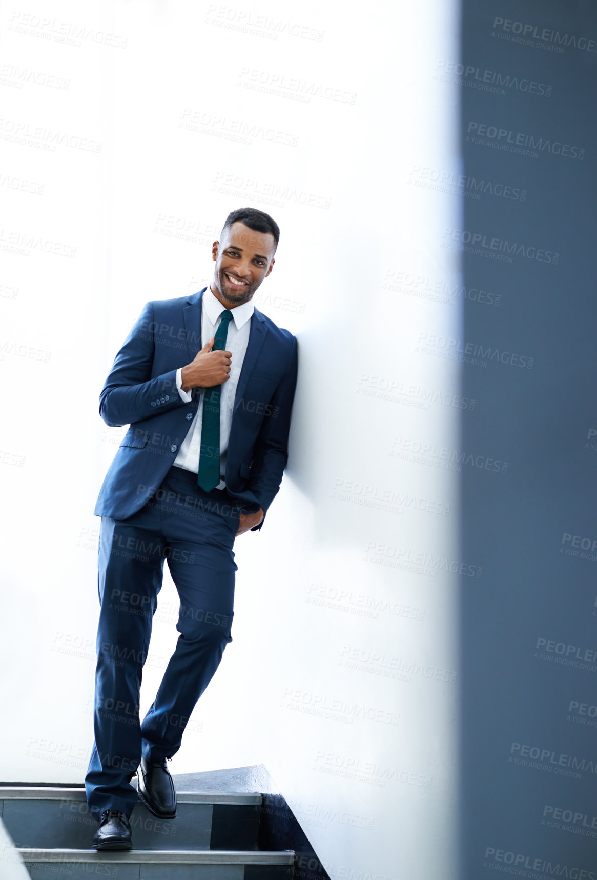 Buy stock photo Portrait, black man and smile for work, steps and walking for appointment in law firm, morning and travel of employee. Professional, attorney and happy for trip to office, schedule and person in USA