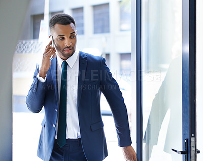 Buy stock photo Black man, discussion and phone call for business conversation, communication and speaking in office. African attorney, mobile hello and client feedback for legal case, justice and talking by door