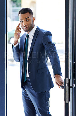 Buy stock photo Black man, business and phone call at office in connection, networking or communication. Male person, mobile and work as insurance agent for company, financial firm or corporate for future investment