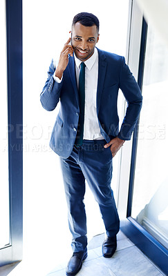 Buy stock photo Black man, business and phone call in portrait for communication, network or connection. Male person, mobile and work as insurance agent for company, financial firm or corporate for future investment