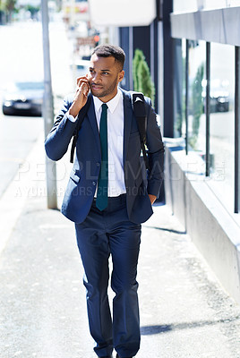 Buy stock photo Black man, walking and phone call for business in city street and communication for networking. Male person, mobile and work as insurance agent for company, financial firm or corporate for investment