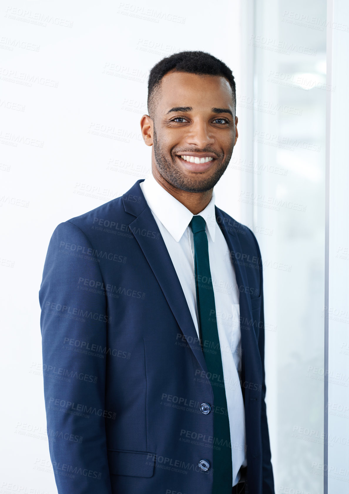 Buy stock photo Black businessman, portrait or smile in finance with suit, confidence or investment banking career. Office, happy and African banker in commercial or corporate institution with style or pride