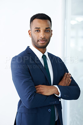 Buy stock photo Black businessman, portrait or arms crossed in office with confidence or investment banking career. Face, broker and African banker in commercial or corporate institution with modern style and pride