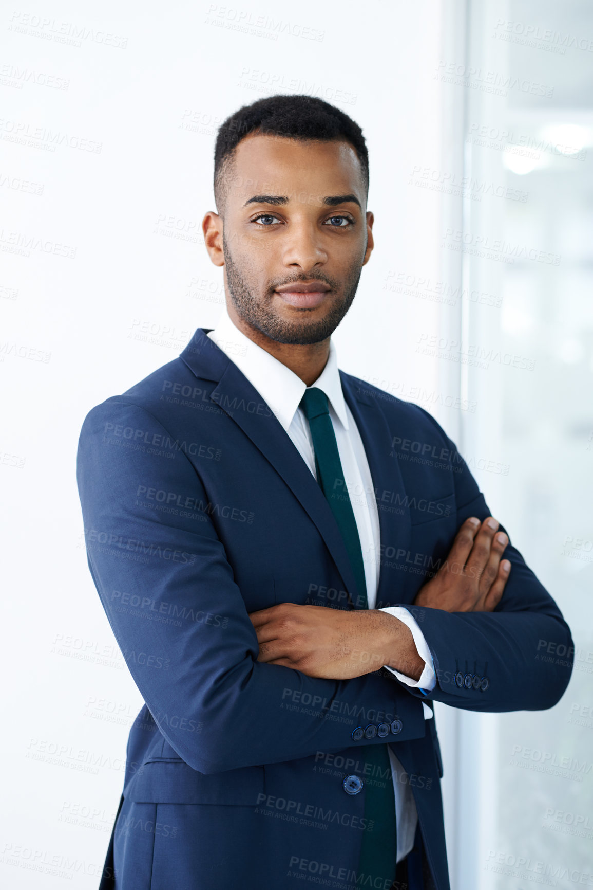 Buy stock photo Black businessman, portrait or arms crossed in office with confidence or investment banking career. Face, broker and African banker in commercial or corporate institution with modern style and pride