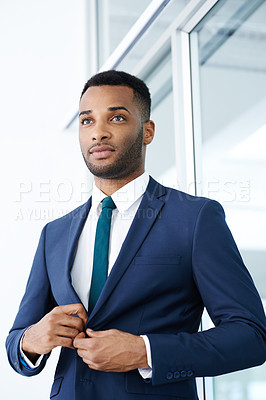 Buy stock photo Black man, professional and suit at work for business, career and company employee with confidence. Corporate, lawyer and job in workplace for justice, court and pride with knowledge or experience