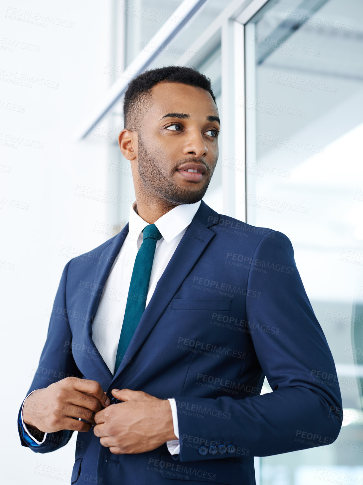 Buy stock photo Black man, professional and lawyer at work for business, career and company employee with confidence. Corporate, suit and job in workplace for justice, court and pride with knowledge or experience