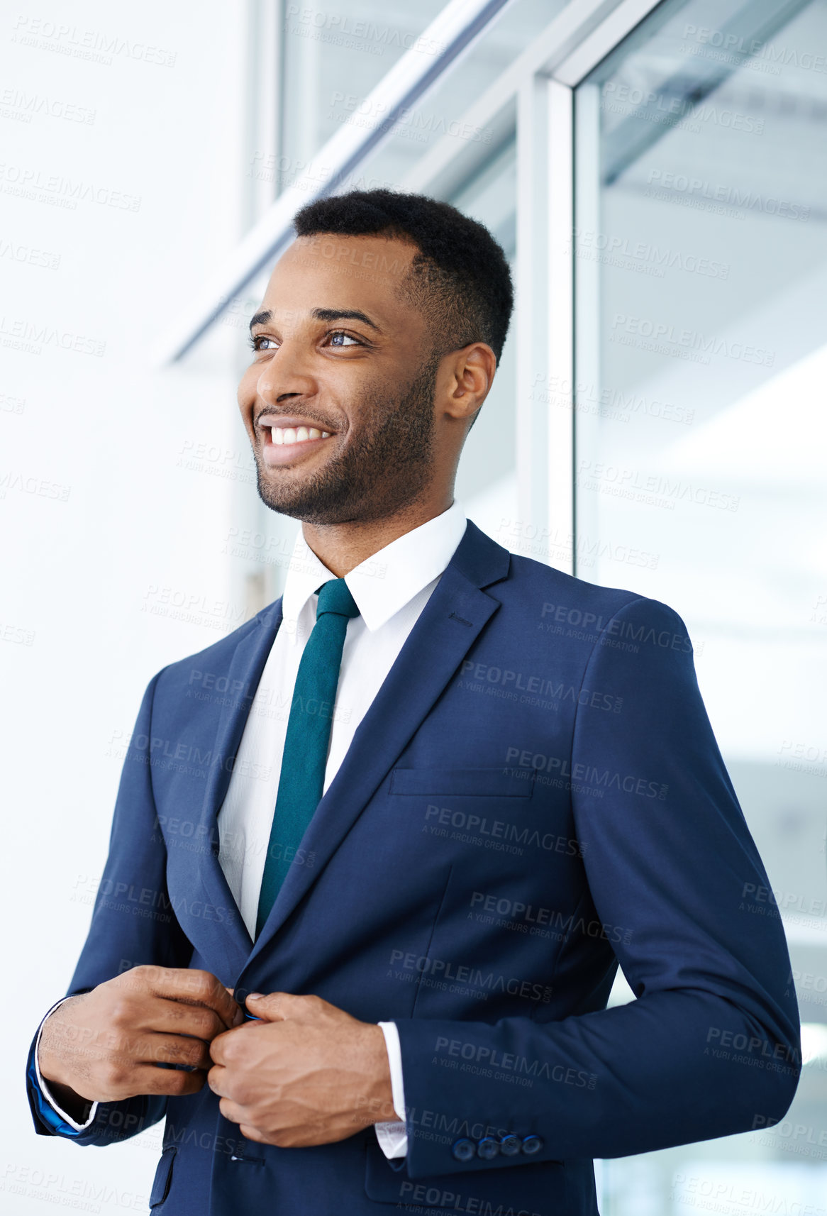 Buy stock photo Black man, professional and smile at work for business, career and company employee with confidence. Corporate, lawyer and job in workplace for justice, court and pride with knowledge or experience