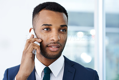 Buy stock photo Business, phone call and black man in suit, conversation and contact for negotiation, network and about us. African person, professional and accounting with discussion for financial portfolio or chat