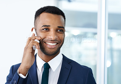 Buy stock photo Phone call, black man and face in office for business, communication and career success. Thinking, male lawyer and tech in city for legal advice, deal and judicial negotiation with client or judge