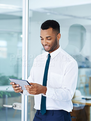 Buy stock photo Search, businessman or tablet in office for watching, streaming content or education videos for career. Connection, black person or accountant with digital for finance tips, learning or online report