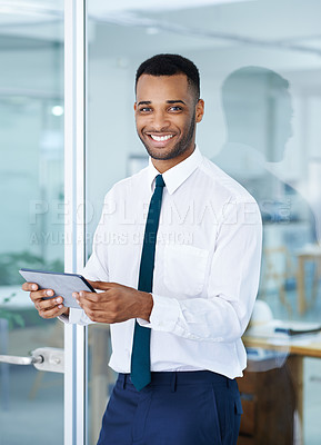 Buy stock photo Portrait, businessman or tablet in office for search, streaming content or education videos for career. Connection, black person or accountant with digital for finance tips, learning or online report