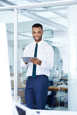 Buy stock photo Portrait, businessman or tablet in office for scroll, streaming content or education videos for career. Connection, black person or accountant with digital for finance tips, learning or online report