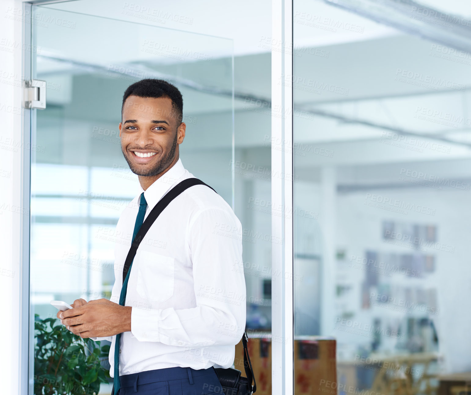 Buy stock photo Business, black man and portrait with smartphone in office, happy for company website or online communication. Texting, mobile app and professional workplace, employee and social media for work
