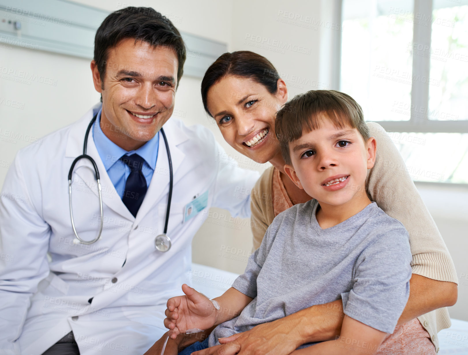 Buy stock photo Portrait, mother and child with doctor for checkup of consulting, medical and healthcare trust at hospital. Smile, woman, pediatrician and patient for sick symptoms, assessment and medicine diagnosis