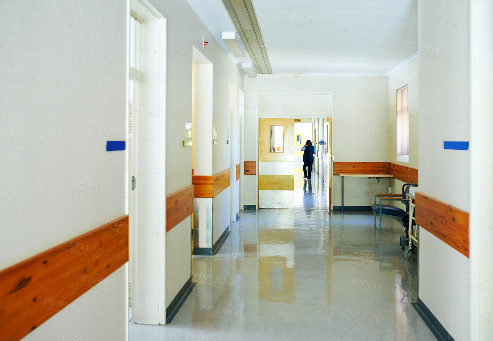 Buy stock photo Corridor, interior and healthcare with ward in hospital for emergency, medical or wellness. Background, hallway and medicine with empty clinic for appointment, checkup or recovery from surgery