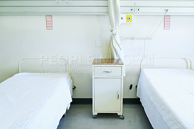 Buy stock photo Clinic, healthcare and bedroom for wellness, healing and consulting for recovery or support. Curtains, empty room and furniture in hospital for service, emergency or rehabilitation for sick patient 